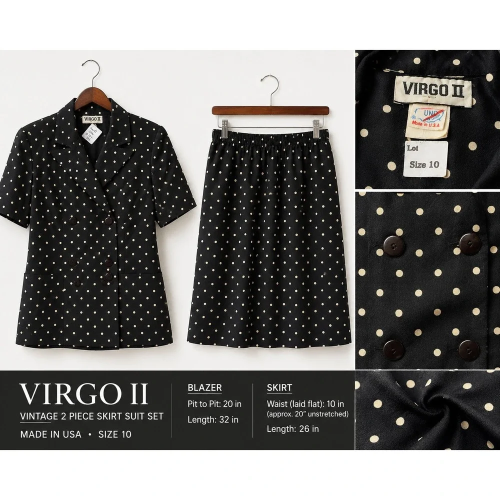 Vintage Virgo 2 Piece Skirt Suit Set Black Polka Dot Short Sleeve Blazer Sz 10